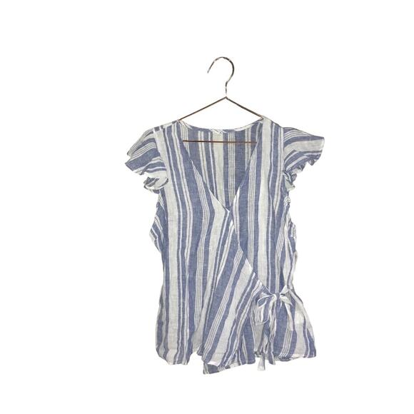 Old Navy Womens Linen Blend Wrap Top medium Blue White Striped Coastal - Picture 1 of 7